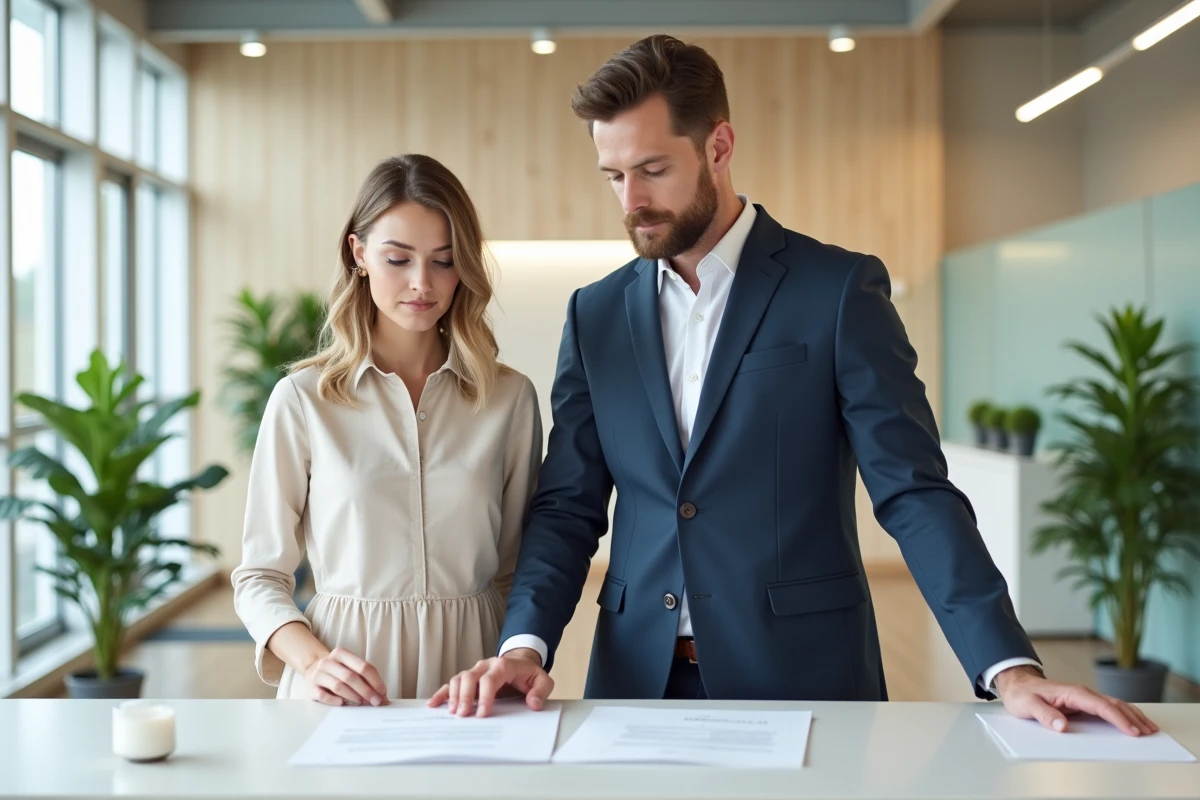 Couple examinant des documents officiels dans un bureau d'état civil danois moderne avant leur mariage en 2026