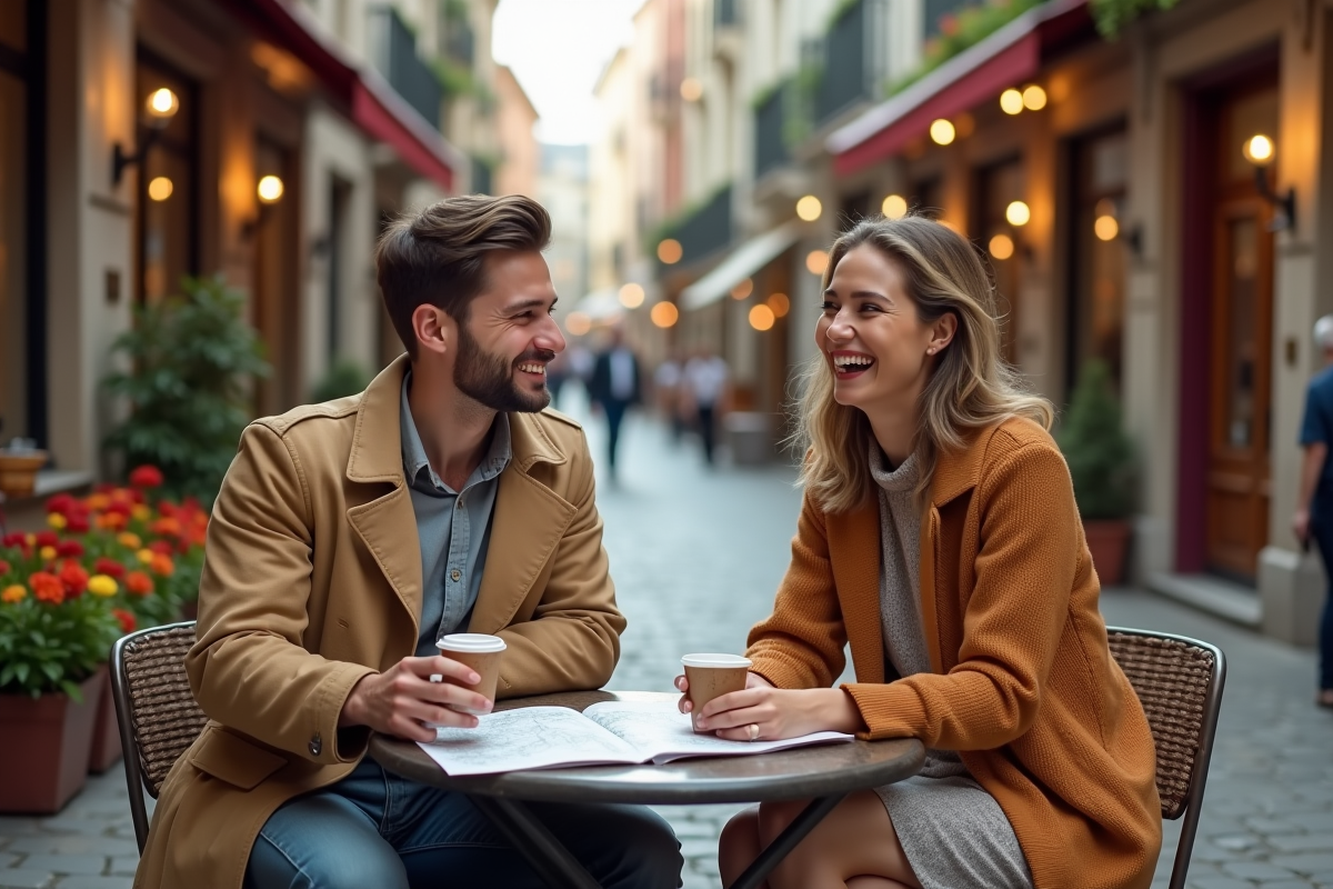 Couple riant dans un café européen en ville