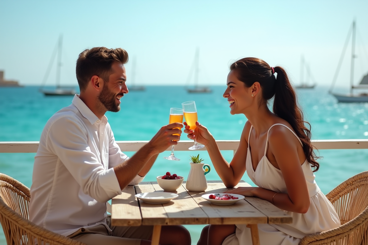 Jeune couple riant au café en bord de mer