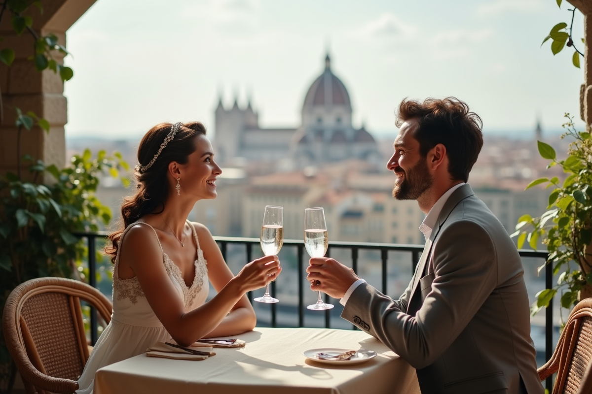 Jeune couple en terrasse de café en voyage en Europe