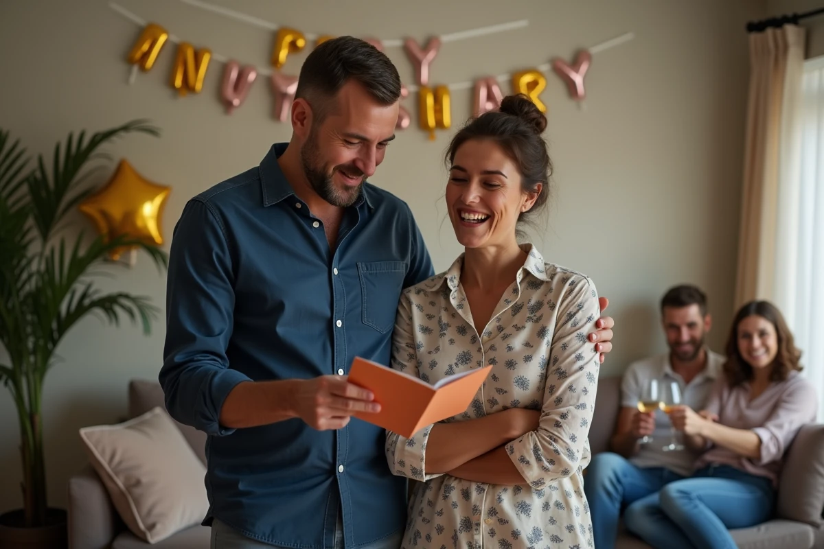 Couple d'amis lisant une carte d'anniversaire de mariage humoristique avec une réaction comique