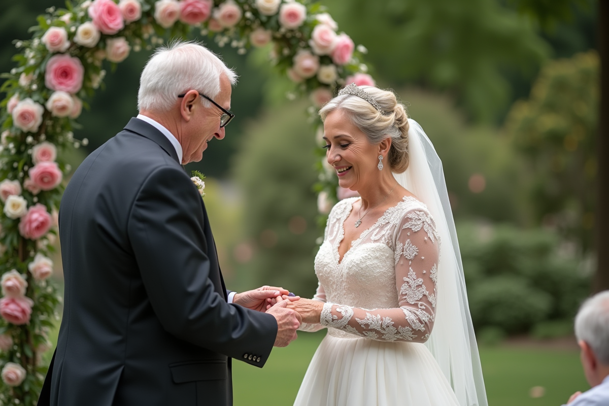 Couple âgé échangeant des anneaux dans un jardin fleuri