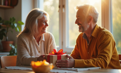 Couple heureux échangeant des cadeaux faits main à table lumineuse
