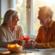 Couple heureux échangeant des cadeaux faits main à table lumineuse