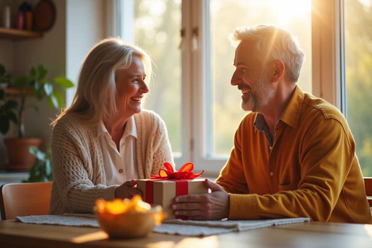 Couple heureux échangeant des cadeaux faits main à table lumineuse