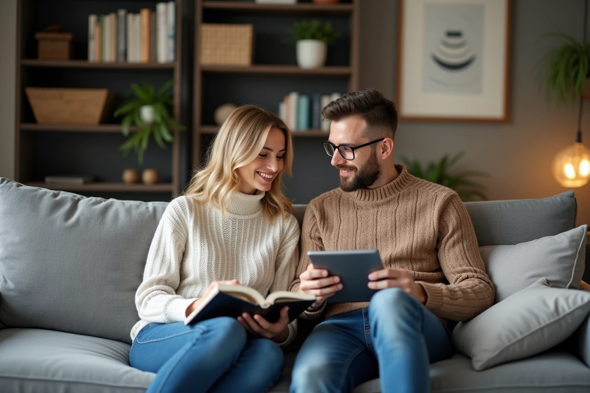 Couple assis sur un canapé dans un appartement moderne