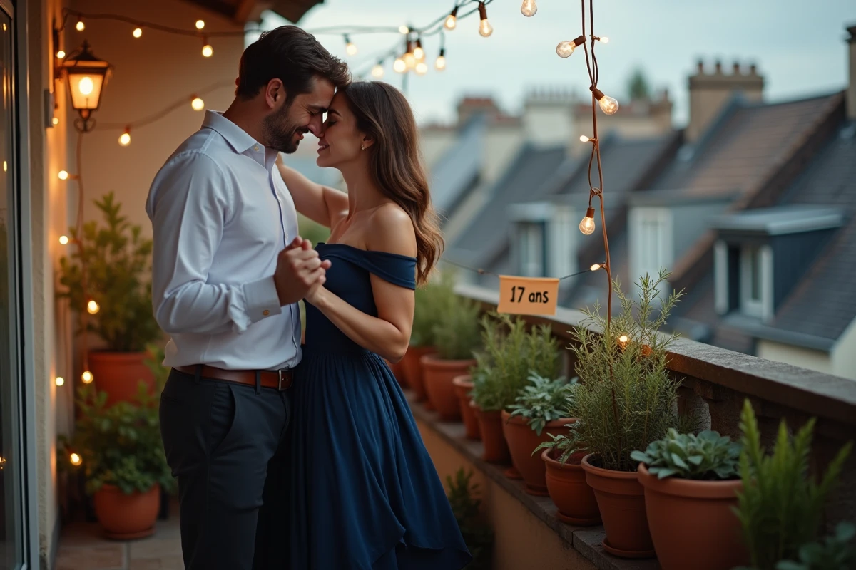 Couple dansant sur un balcon décoré pour fêter 17 ans de mariage avec des guirlandes et un budget réduit