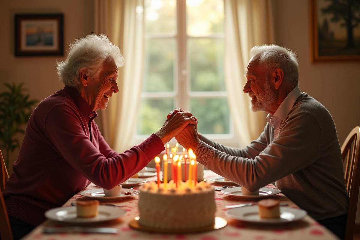 Couple âgé tenant la main lors d'un dîner d'anniversaire chaleureux