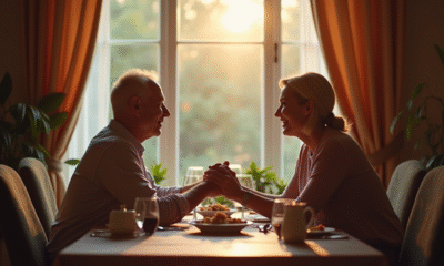 Couple mature tenant la main lors d'un dîner intime à la lumière naturelle