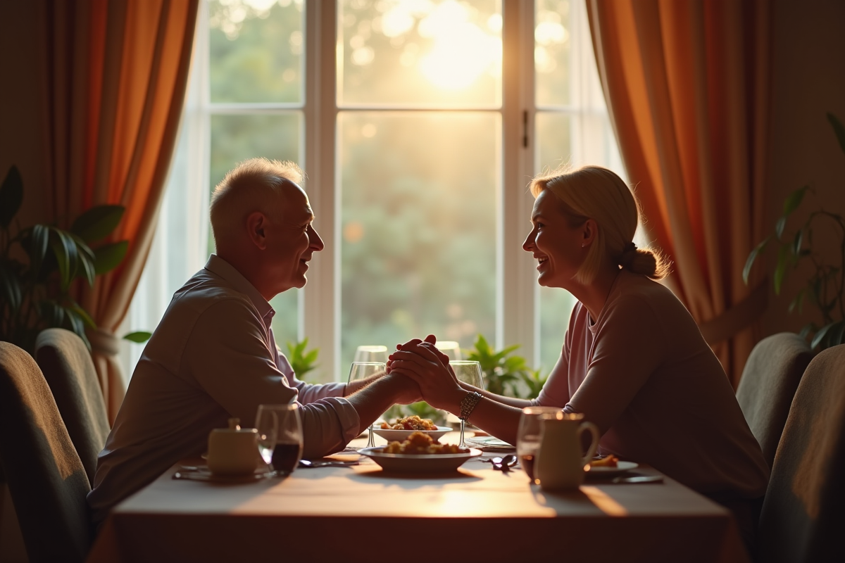 Couple mature tenant la main lors d'un dîner intime à la lumière naturelle