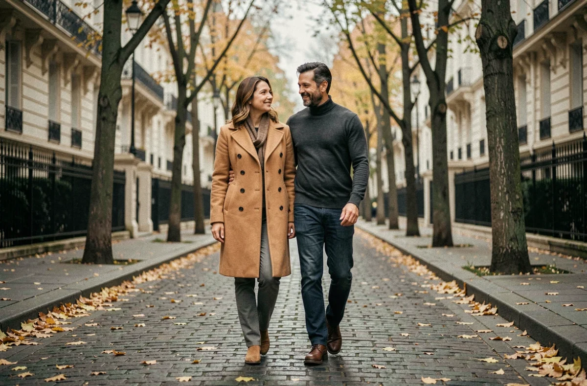 Couple discret se promenant dans une rue parisienne en automne, évoquant la vie de couple et l'intimité préservée de personnalités publiques