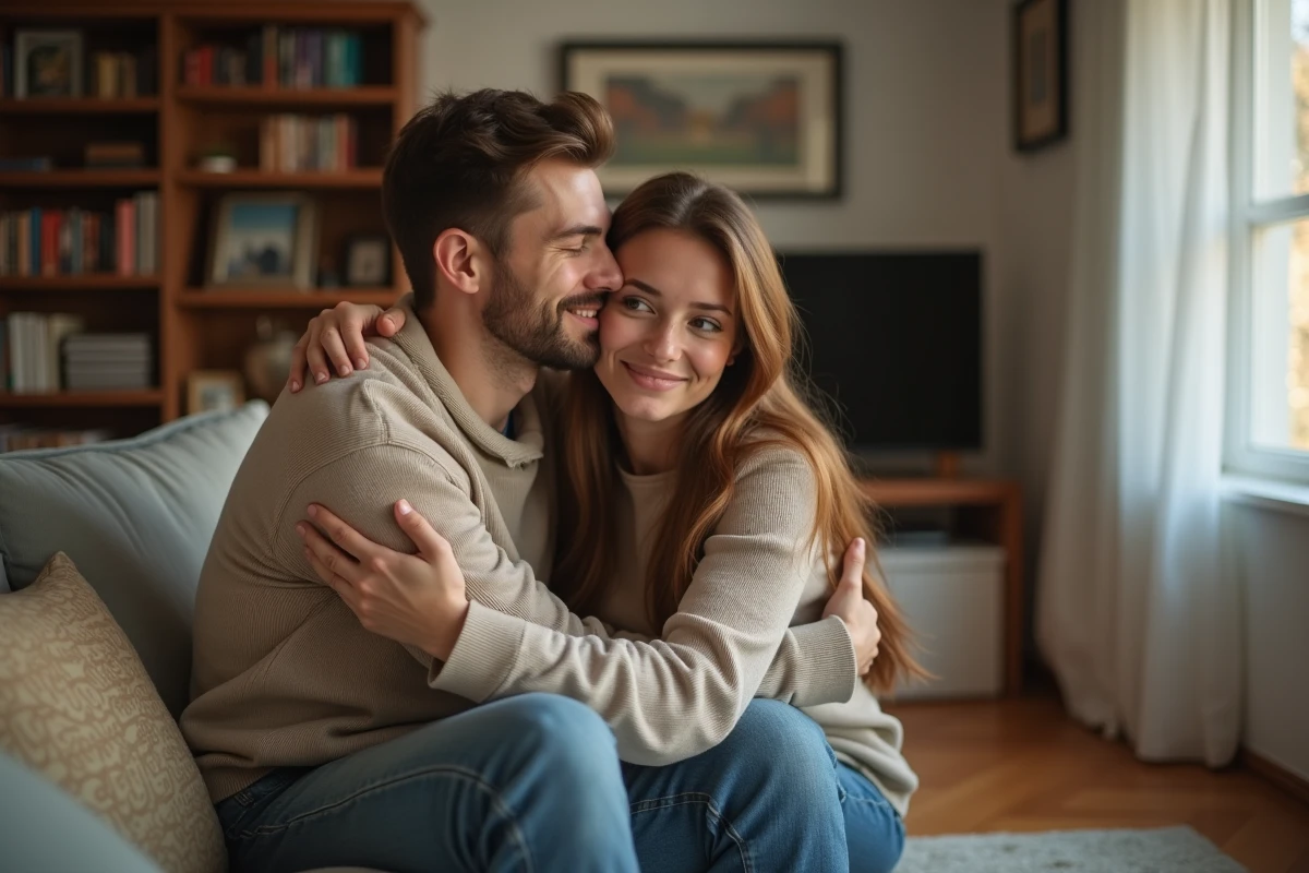 Jeune femme souriante avec un homme dans un intérieur cosy