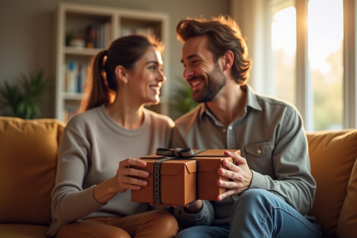 Couple souriant échangeant des cadeaux en cuir dans un salon lumineux