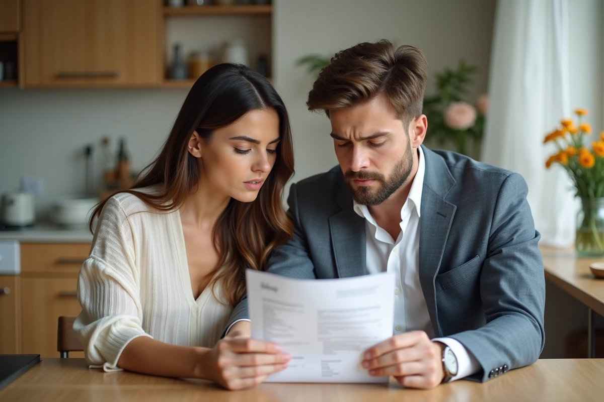Couple regardant devis de fleuriste dans leur cuisine