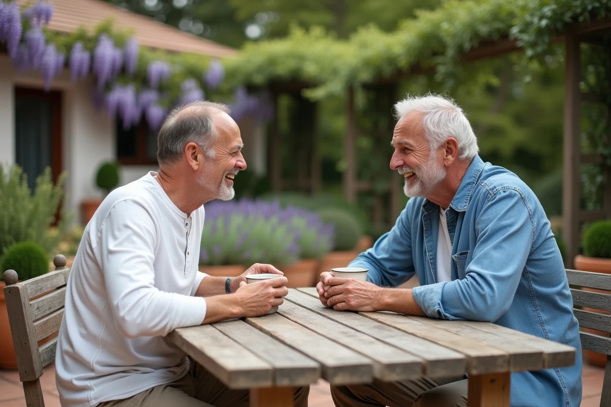 Deux hommes partageant un moment complice autour d'un café dans un jardin fleuri, atmosphère chaleureuse et détendue en couple