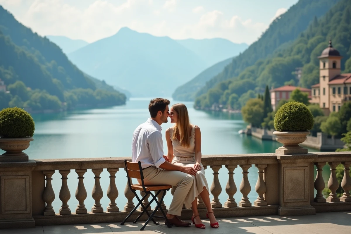 Jeune couple assis sur terrasse au bord du lac Como