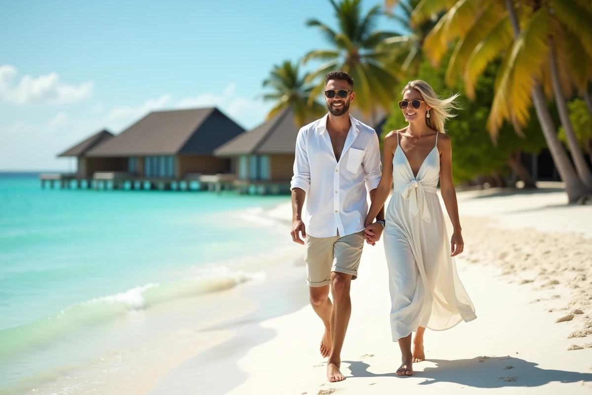 Couple élégant marchant sur plage de sable blanc