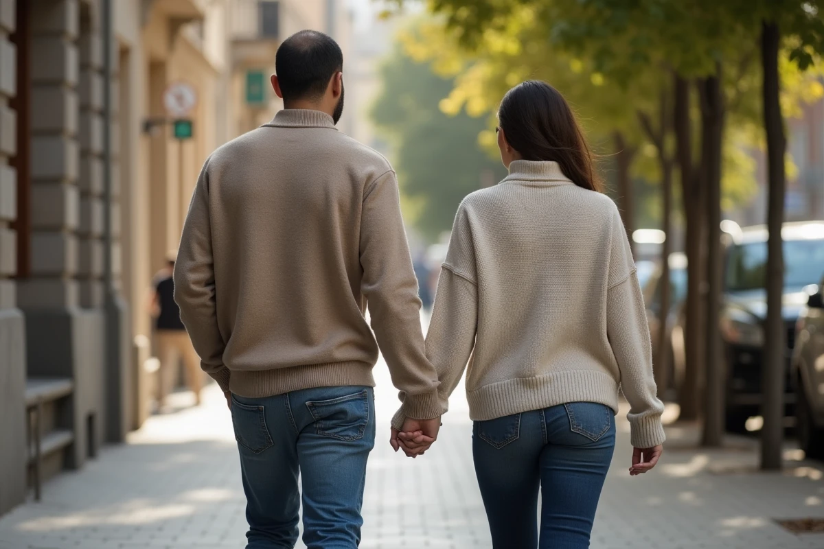 Amine et sa femme marchant main dans la main en ville