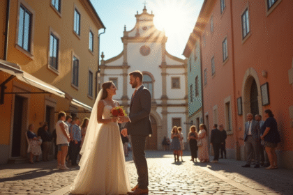 Couple heureux devant une mairie historique en Europe