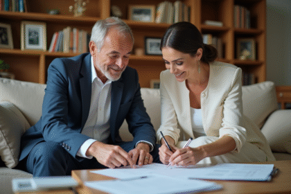 Couple d'adultes lisant des documents de mariage dans un salon