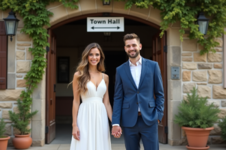 Couple souriant en mariage devant mairie rurale