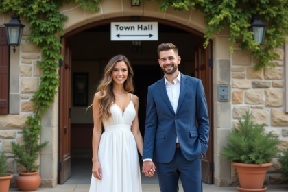 Couple souriant en mariage devant mairie rurale