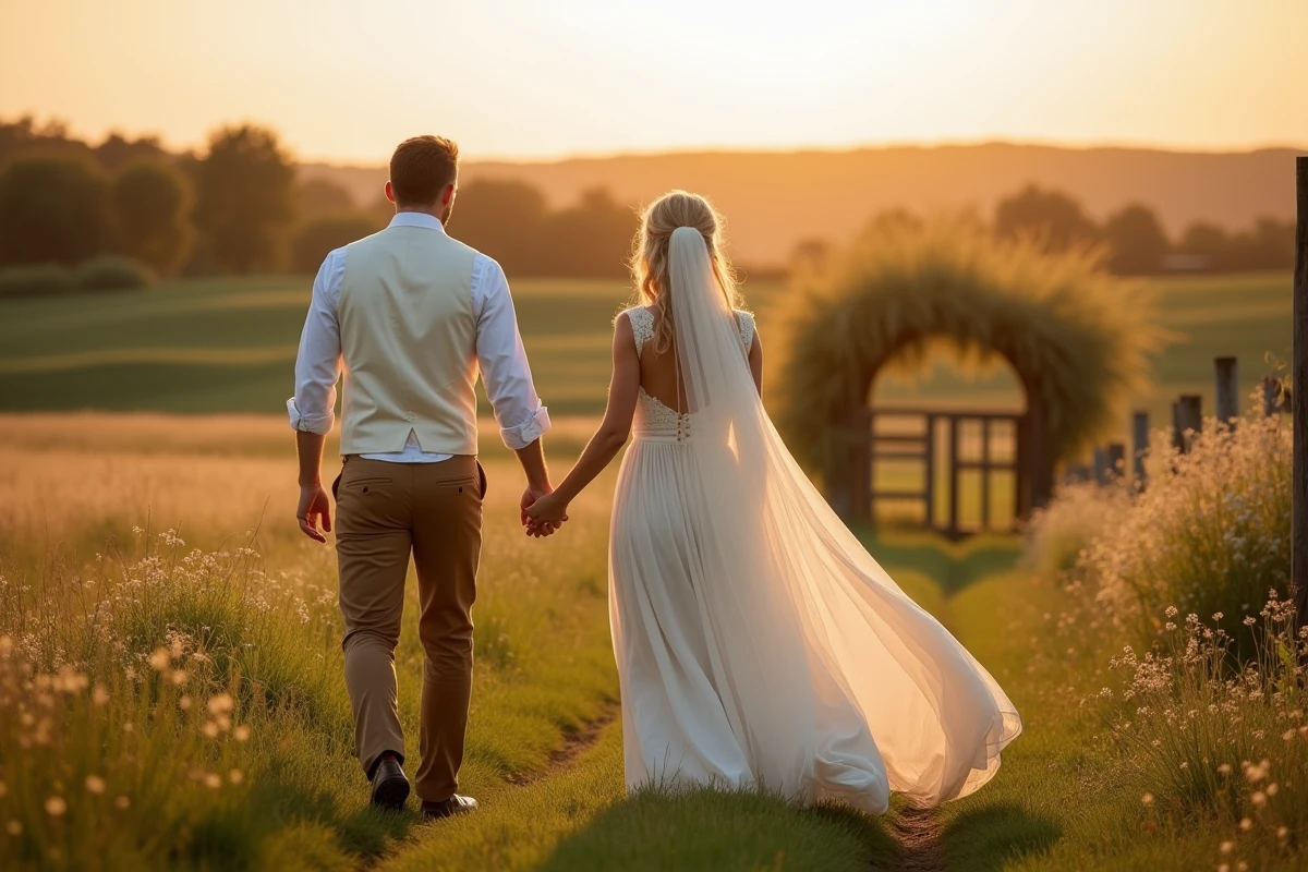 Couple de mariés marchant dans un champ rural