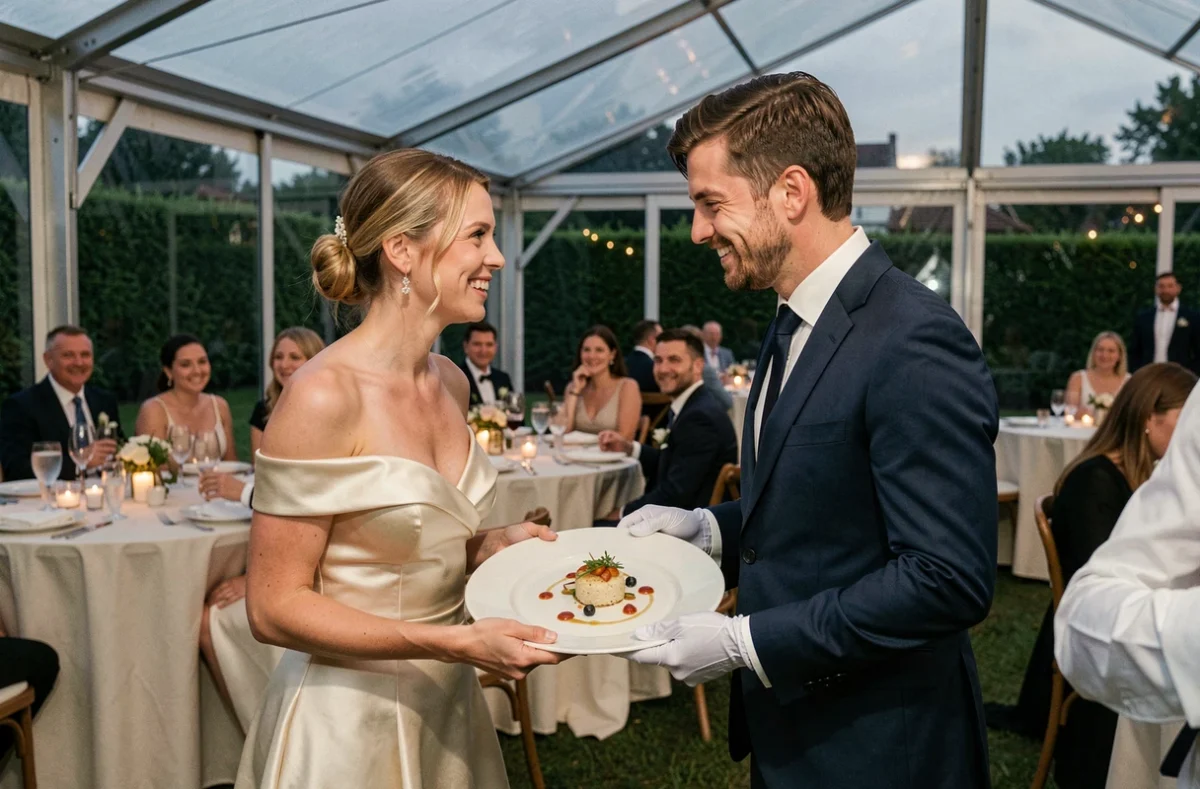 Couple de mariés servi par un maître d'hôtel lors d'un repas gastronomique sous une tente de réception élégante