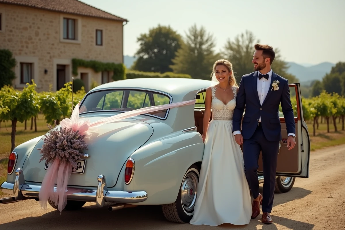 Couple de mariés sortant d'une Rolls-Royce vintage décorée de rubans et lavande dans un vignoble français
