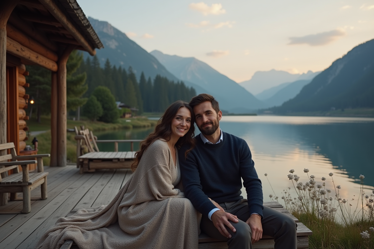 Couple heureux assis sur un deck en montagne au coucher du soleil