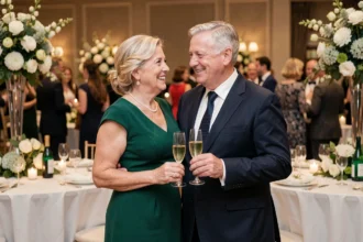 Couple célébrant 40 ans de mariage noces d'émeraude dans une salle de réception décorée de fleurs vertes et blanches