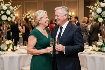 Couple célébrant 40 ans de mariage noces d'émeraude dans une salle de réception décorée de fleurs vertes et blanches