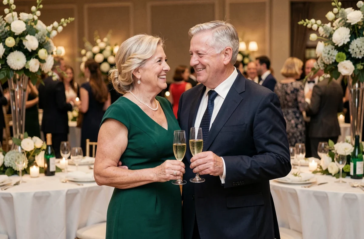 Couple célébrant 40 ans de mariage noces d'émeraude dans une salle de réception décorée de fleurs vertes et blanches