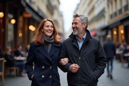 Couple souriant marchant dans une rue animée de Paris