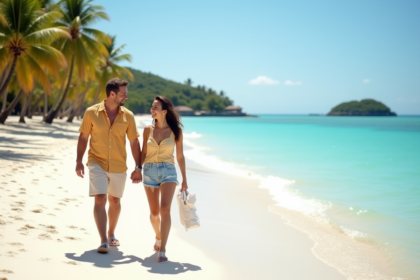 Jeune couple souriant marche sur la plage de sable blanc