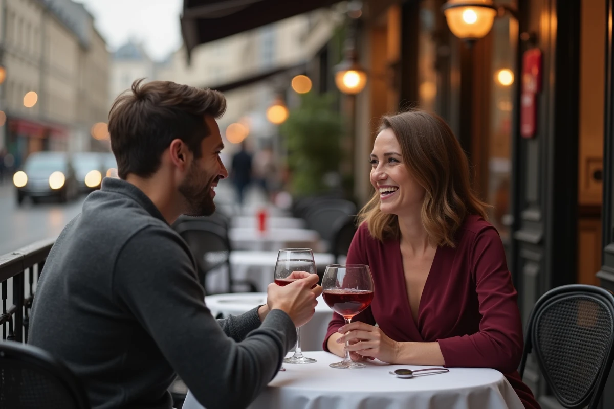 Couple en train de rire lors d'un premier rendez-vous organisé via Elite Rencontre en terrasse de restaurant