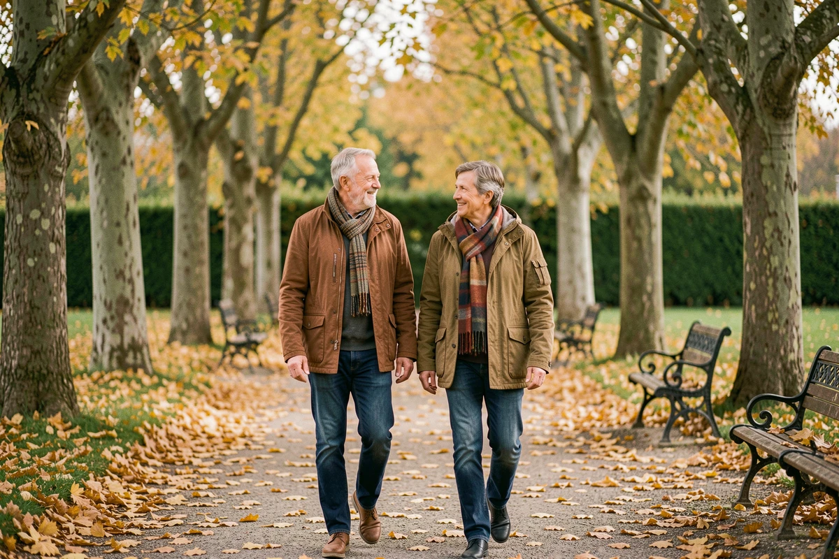 Couple se promenant dans un jardin français en automne, feuilles dorées au sol, ambiance intime et naturelle