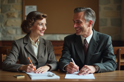 Couple souriant remplissant papiers à la mairie française