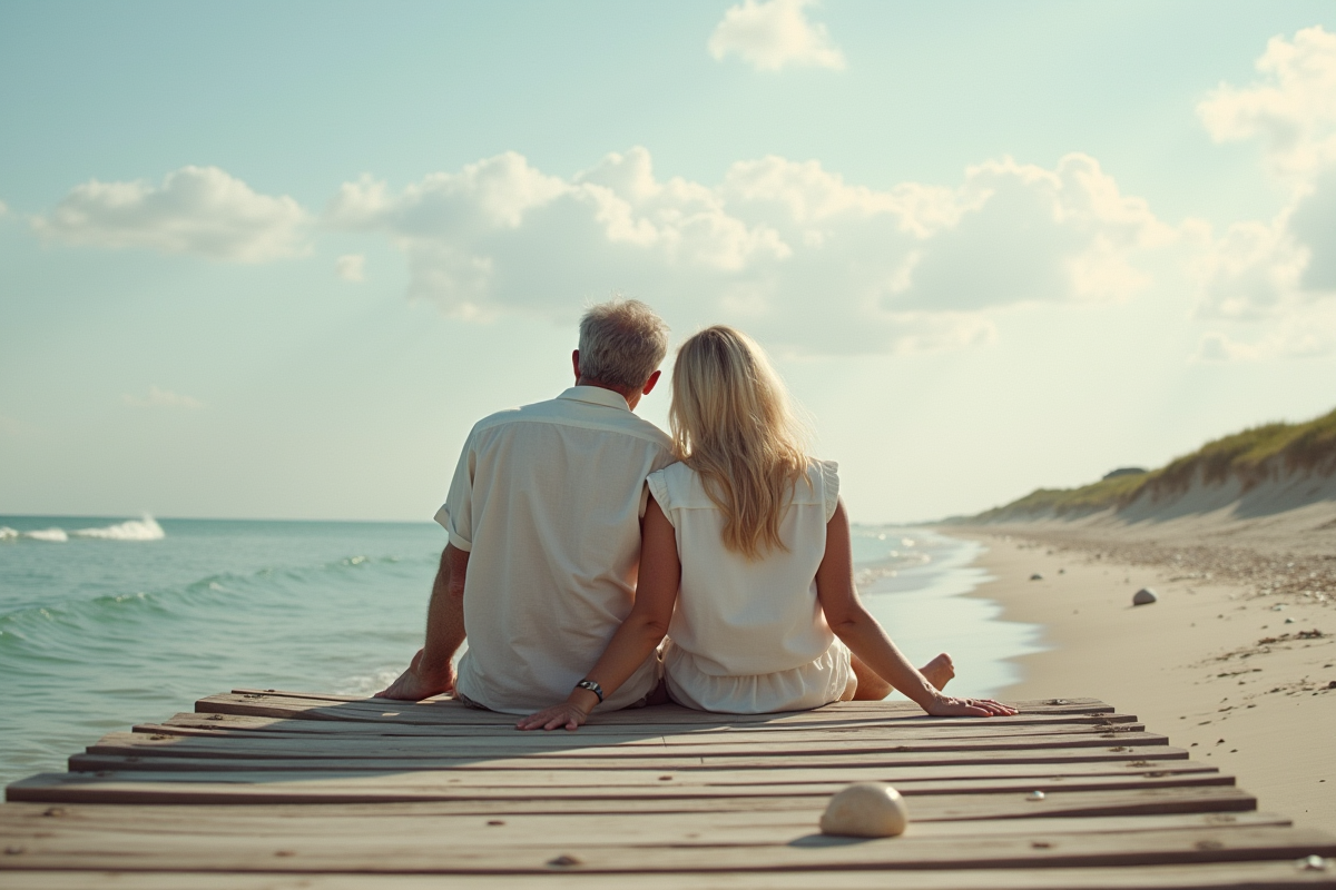 Couple mature assis sur une jetée regardant la mer en été