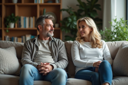 Couple marié assis sur un canapé dans un salon moderne