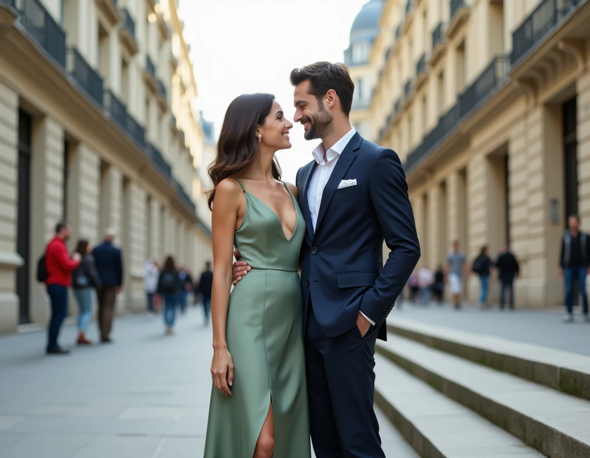 Couple élégant en tenue de mariage civil devant un bâtiment haussmannien parisien