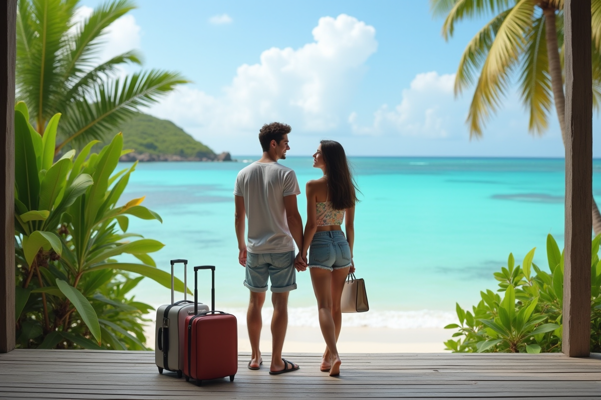 Jeune couple souriant sur une plage tropicale