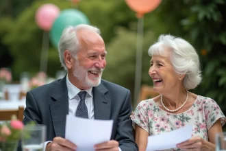 Couple âgé riant lors d'une fête dans le jardin