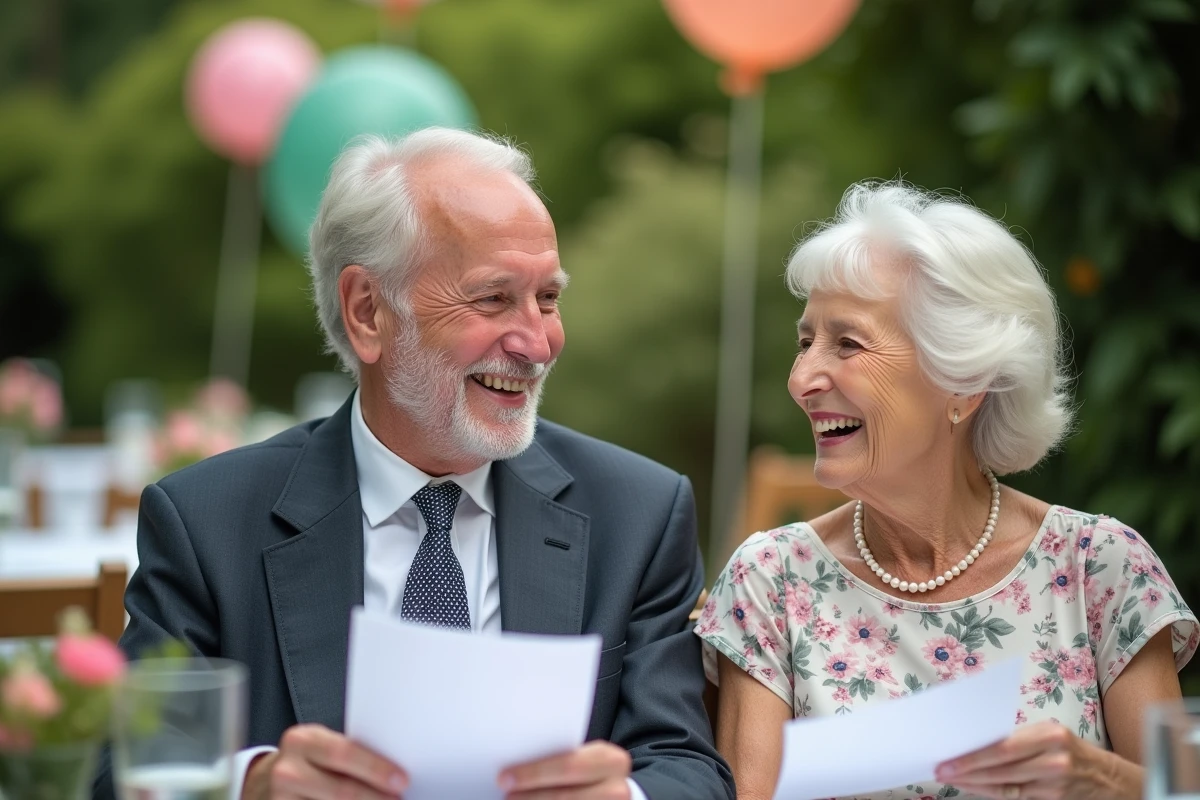 Couple âgé riant lors d'une fête dans le jardin
