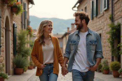 Jeune couple souriant marchant dans un village européen au printemps