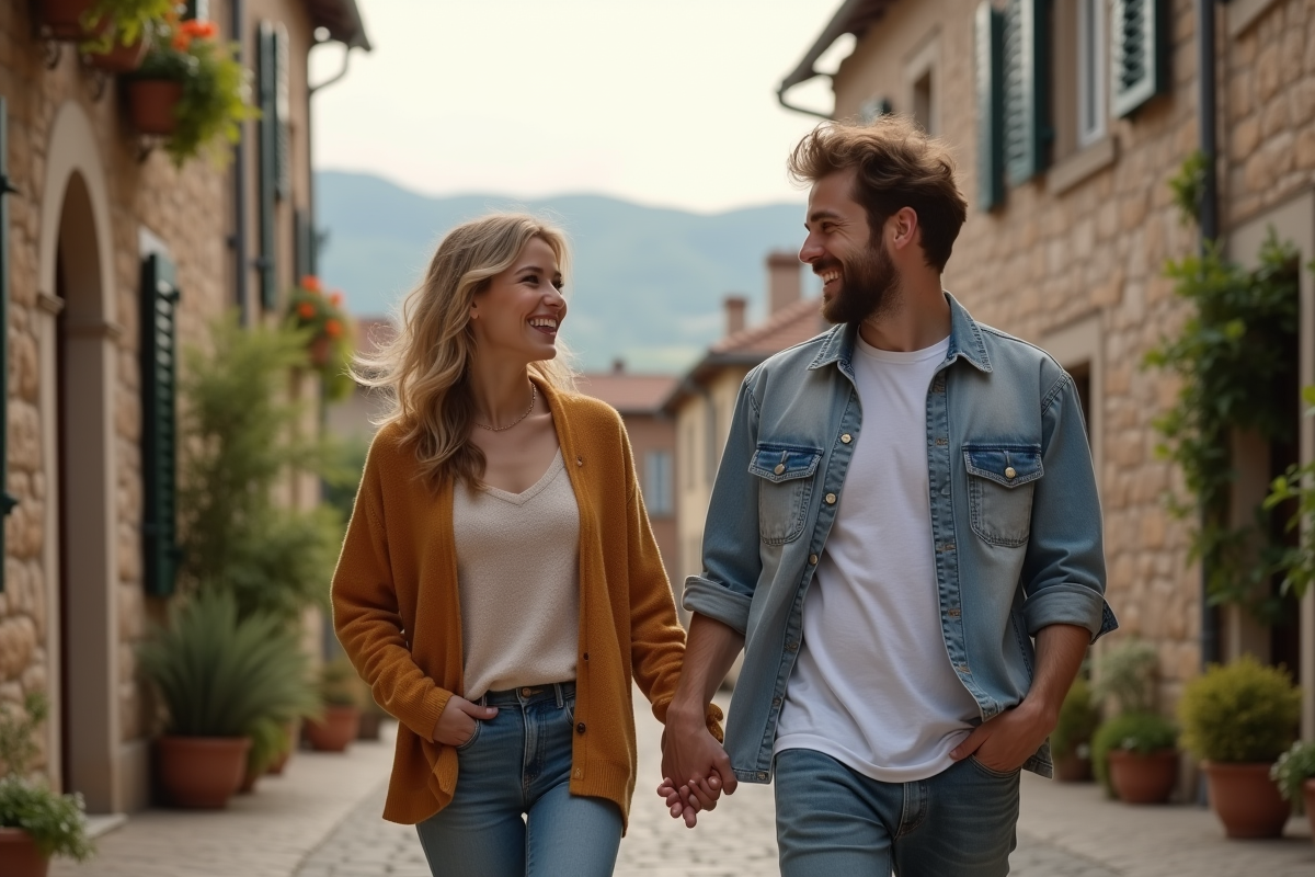 Jeune couple souriant marchant dans un village européen au printemps