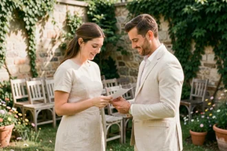 Couple échangeant des vœux manuscrits lors d'une cérémonie de mariage poétique en plein air dans une cour en pierre