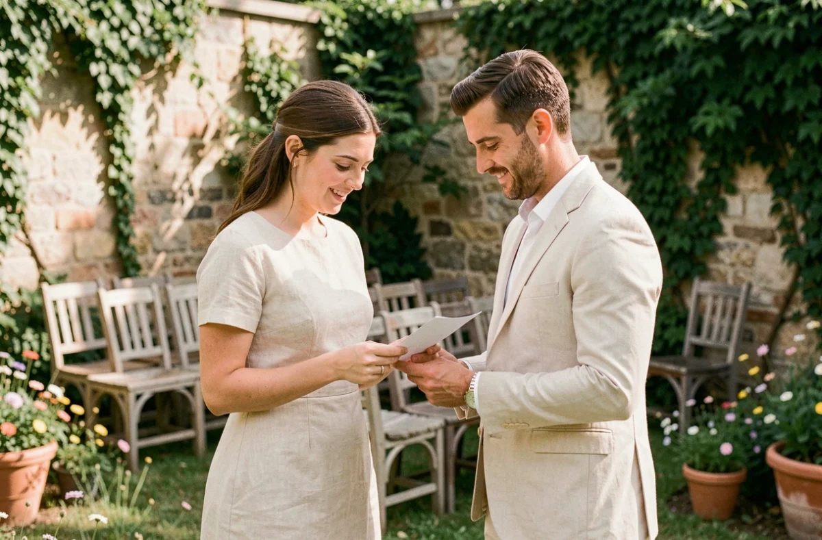 Couple échangeant des vœux manuscrits lors d'une cérémonie de mariage poétique en plein air dans une cour en pierre