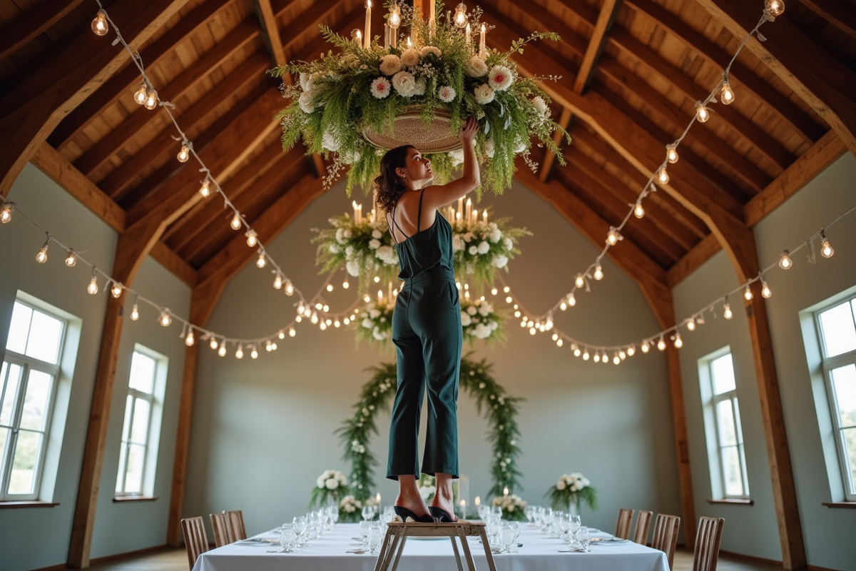 Décoratrice professionnelle arrangeant des fleurs dans une grange rustique