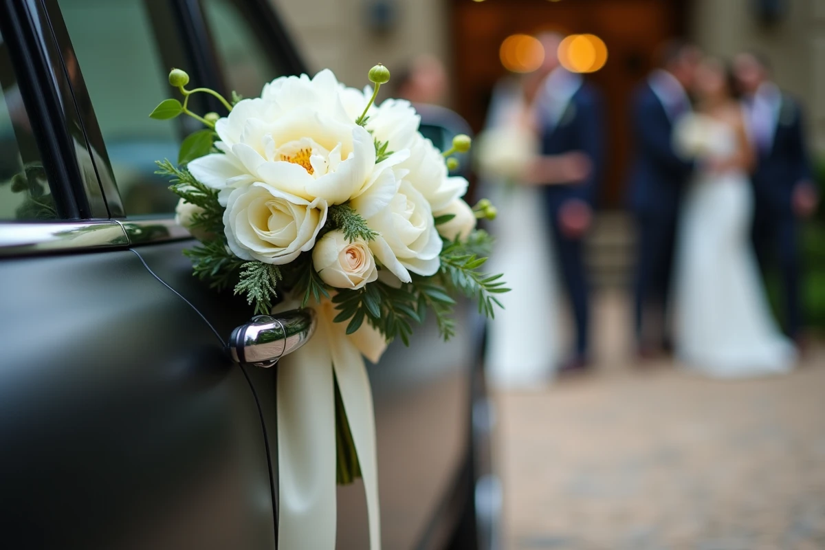 Décoration florale de porte de voiture mariage avec pivoines blanches, eucalyptus et ruban satin ivoire